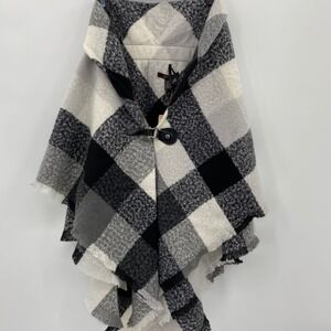 ALTARE Plaid Poncho Cape Wrap Black White Fringed Leather Buckle Closure NEW NWT